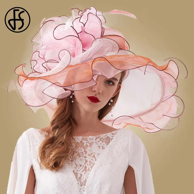 FS Organza Kentucky Derby Fascinators chapeau pour femmes dames à large bord chapeaux de soleil fleurs élégant mariage mariée église fête Fedoras