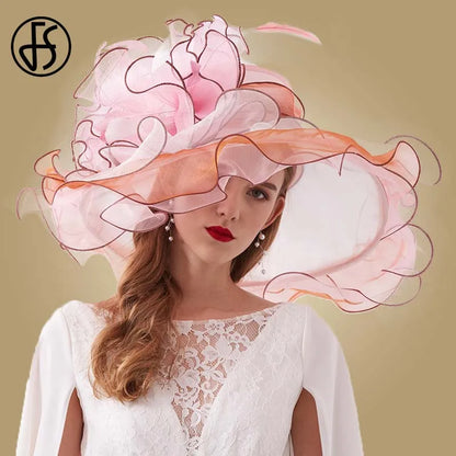 FS Organza Kentucky Derby Fascinators chapeau pour femmes dames à large bord chapeaux de soleil fleurs élégant mariage mariée église fête Fedoras
