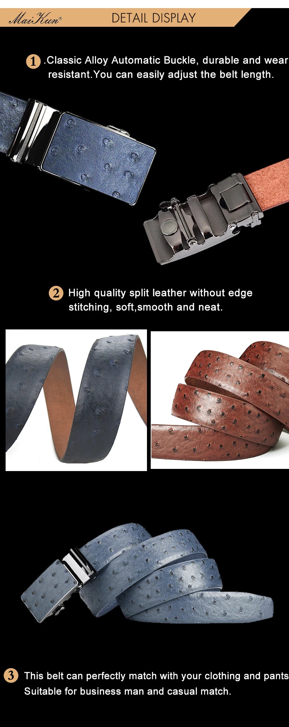 Maikun – Ceinture en cuir de luxe pour hommes, design Original, Grain d'autruche, automatique, avec boucle