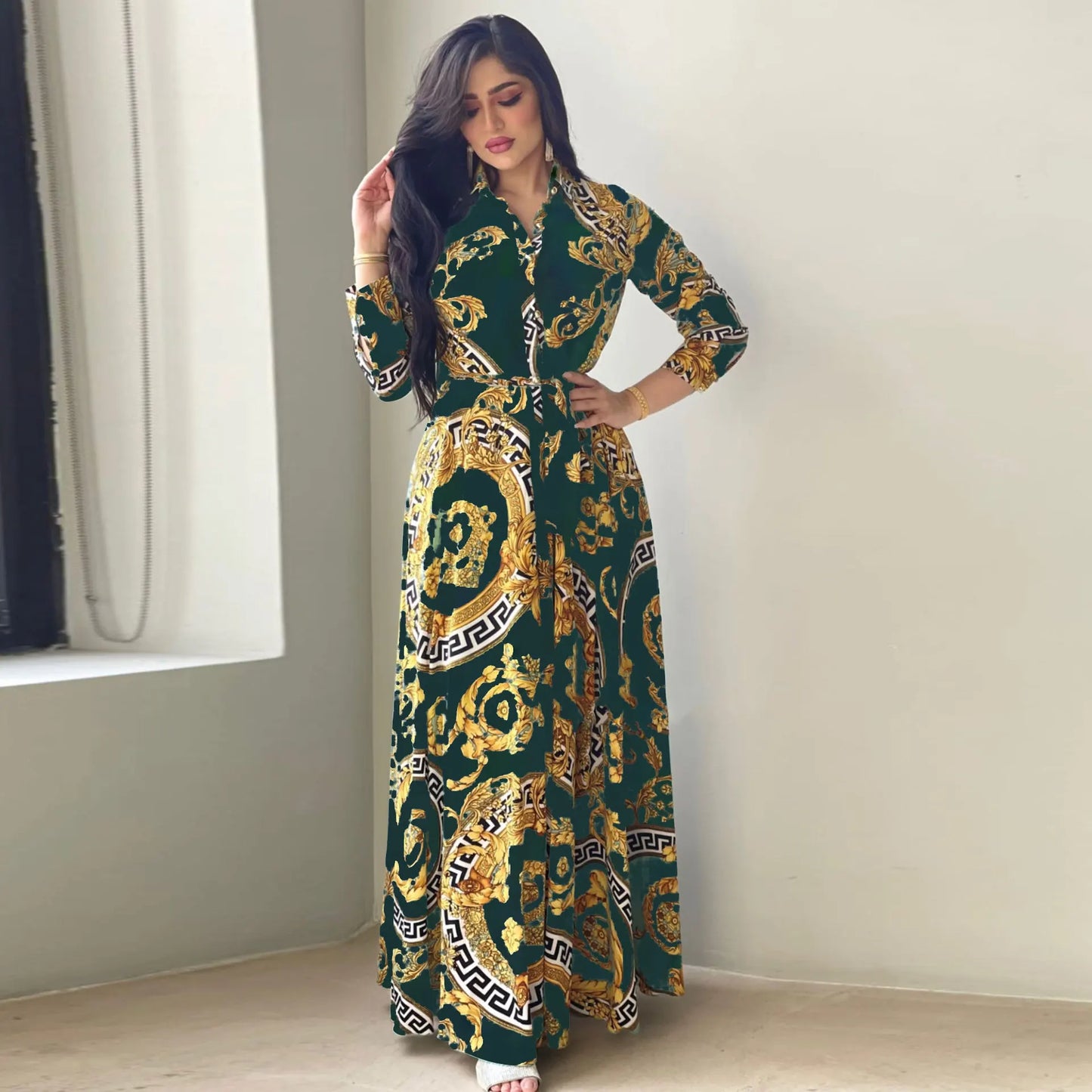 Hot Selling Printed Polyester Shirt Dress European American Middle East  Independent Station Turkish Abaya Muslim Women Dress