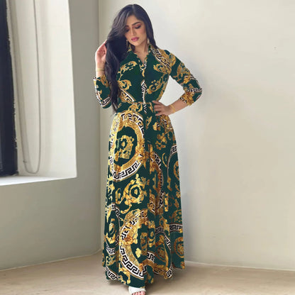 Hot Selling Printed Polyester Shirt Dress European American Middle East  Independent Station Turkish Abaya Muslim Women Dress