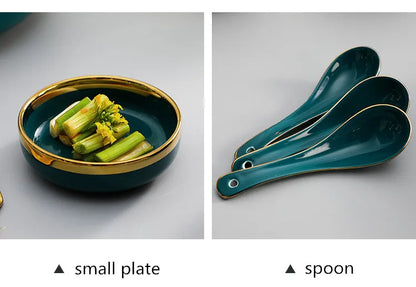 Assiette en céramique verte à bord doré, assiettes à Steak, bols, plat à dîner, ensemble de vaisselle luxueux en porcelaine pour hôtel familial