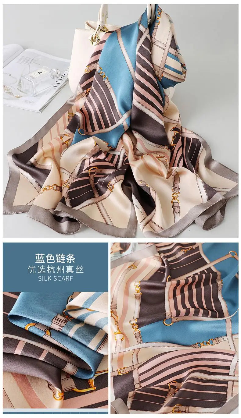 100% foulard en soie pour femmes longue impression luxe châles en soie naturelle enveloppes bleu Floral été dames foulard pur véritable foulards en soie