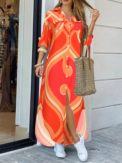 Women's Casual Long Floor-Length Dress New Fashion Elegant Loose Printed Shirt Dress with Solid Pattern