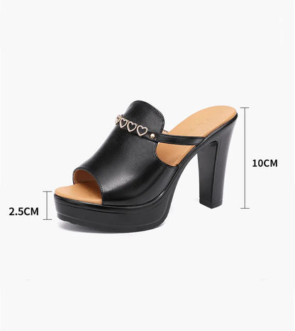 Chaussures à talons hauts de 10cm pour femmes, chaussures à plateforme, pantoufles d'été à semelle épaisse en cuir avec cœur épais, pour bureau et mariage, 2025