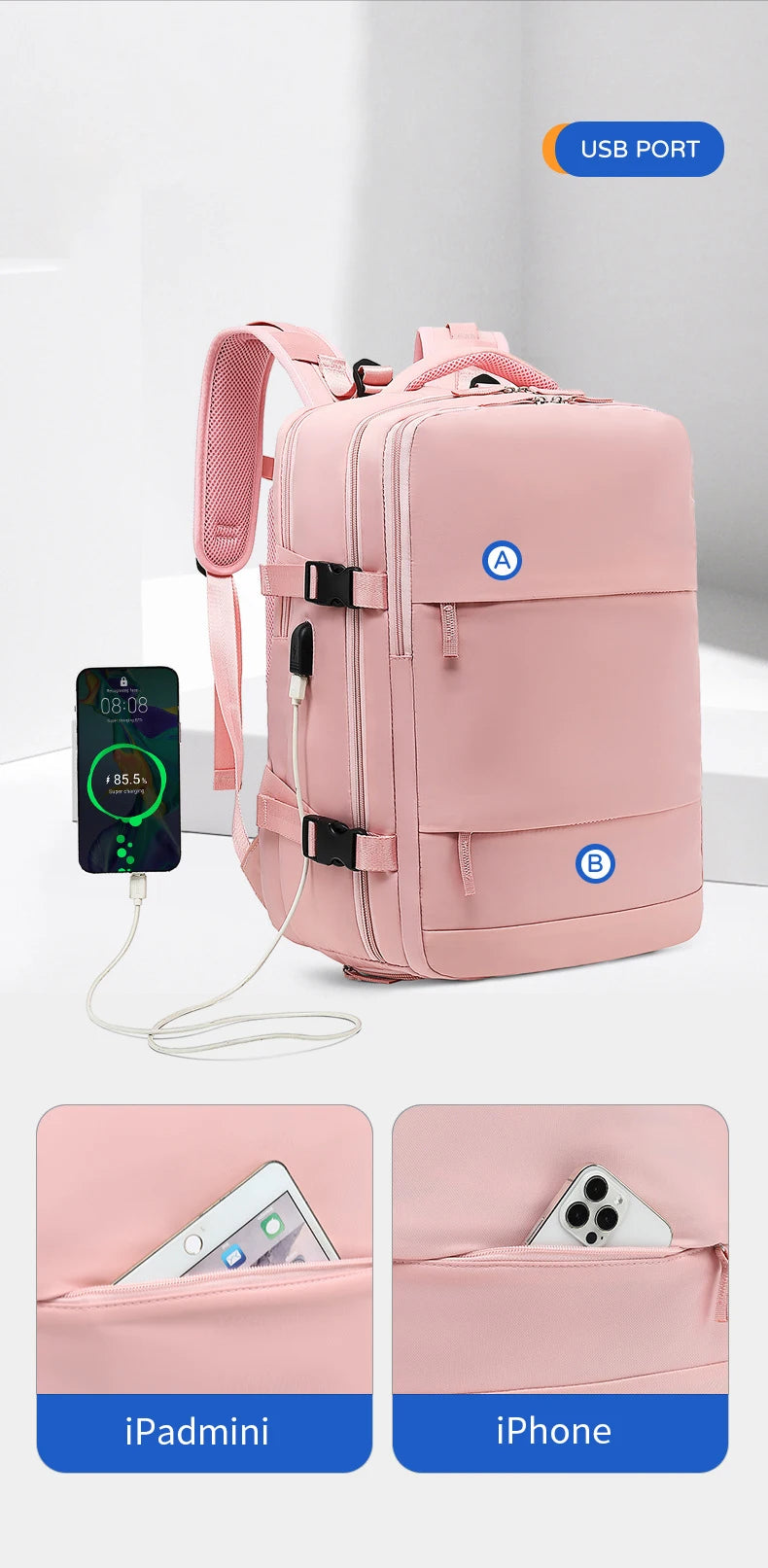 Hot Selling Women's  Casual Travel Backpack  USB Charge Port Laptop Bag Large Capacity Nylon Waterproof Backpack