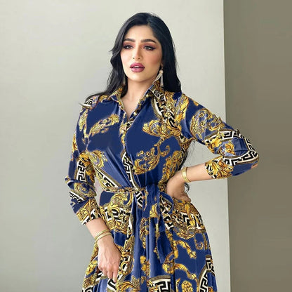 Hot Selling Printed Polyester Shirt Dress European American Middle East  Independent Station Turkish Abaya Muslim Women Dress