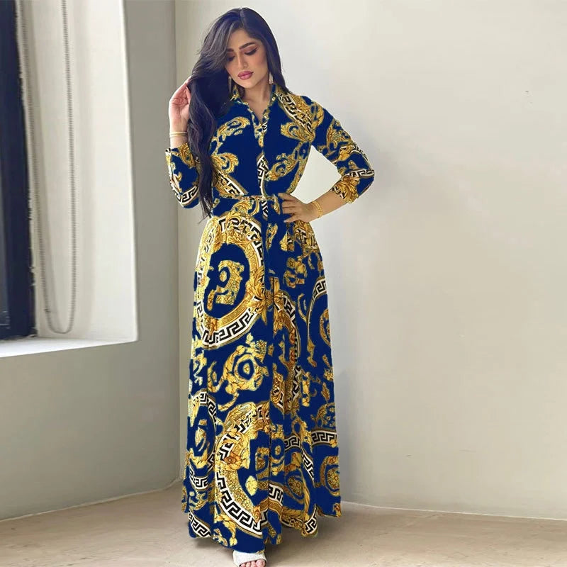 Hot Selling Printed Polyester Shirt Dress European American Middle East  Independent Station Turkish Abaya Muslim Women Dress