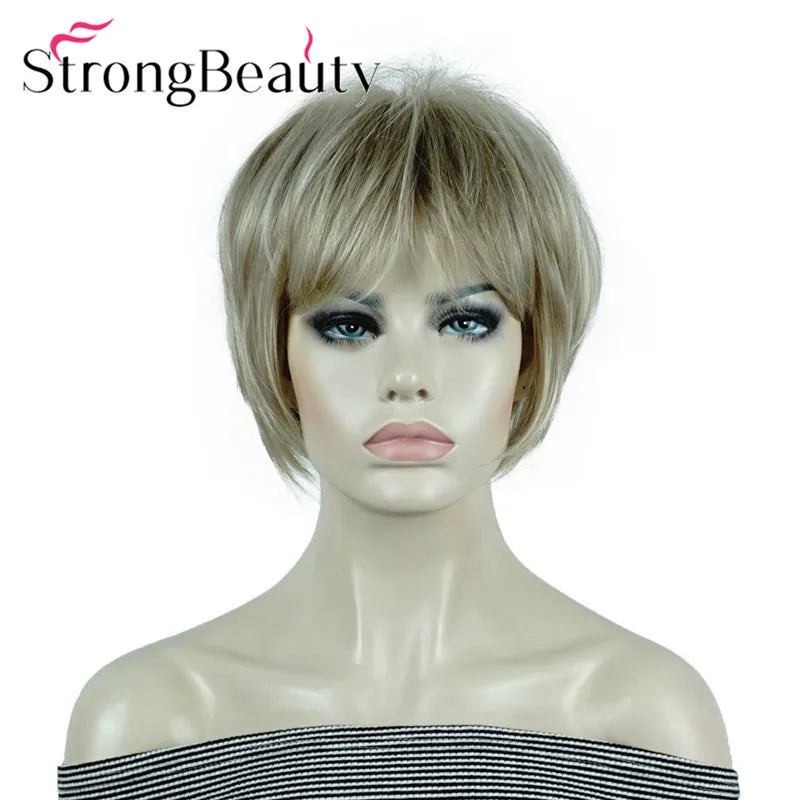 StrongBeauty-Perruques Synthétiques Courtes Droites, Cheveux Doux, Layered Shag, Ombre Blonde