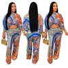 W0863 Latest 2024 Paisley Print Flare Sleeve Crop Top Wide Leg Pants Elegant Two Piece Set