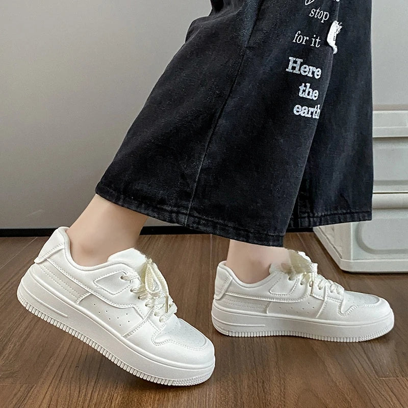 2025 Women's Spring Autumn Casual Board Skateboarding Shoes Black White Leather All-match Platform Small Foreign Trade Size-Air