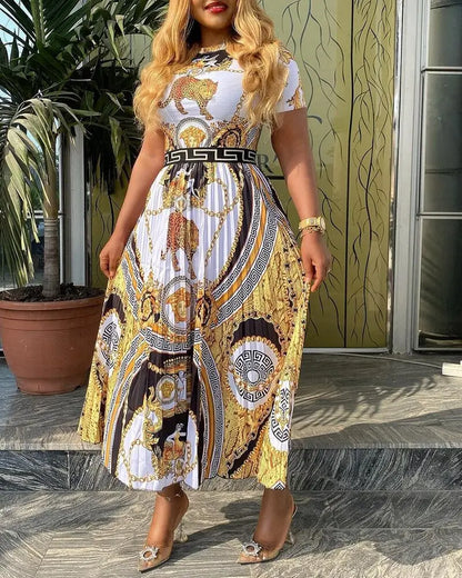 New Large Size Fashion High Waist Long Skirt Designer Quality Product Printing Temperament Pleated Women's Dress