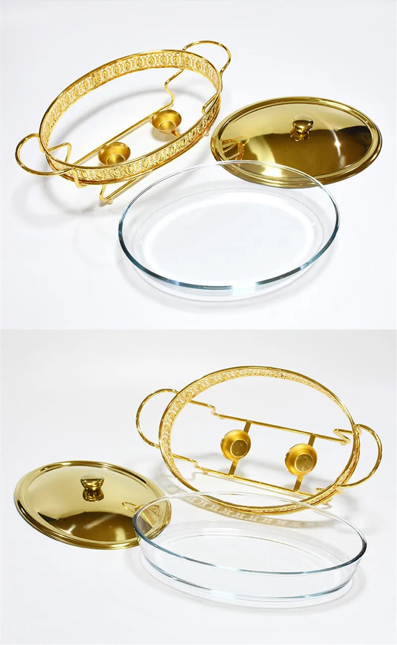 Plat de service en verre en acier inoxydable, petit réchaud, chauffe-plats, Buffet de luxe, ovale doré, hôtel, bol à friction de mariage