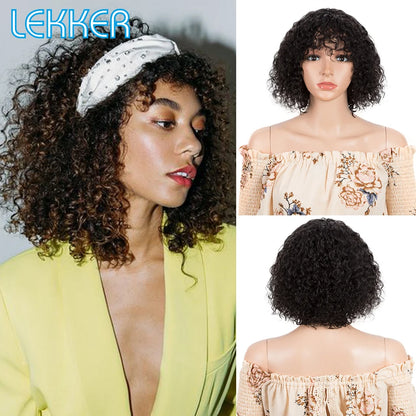 Lekker couleur courte Pixie Afro crépus bouclés Bob 100% perruques de cheveux humains avec frange pour les femmes brésilien Remy cheveux Ombre brun perruques