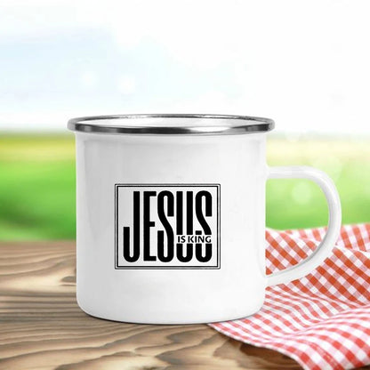 Jésus est Dieu imprimer tasses en émail chrétien créatif tasses à café boisson Dessert petit déjeuner lait tasse Vintage tasse poignée Drinkware cadeau