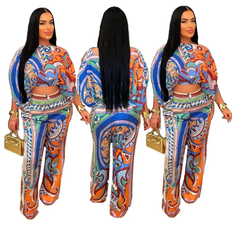 W0863 Latest 2024 Paisley Print Flare Sleeve Crop Top Wide Leg Pants Elegant Two Piece Set