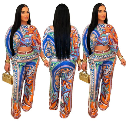 W0863 Latest 2024 Paisley Print Flare Sleeve Crop Top Wide Leg Pants Elegant Two Piece Set