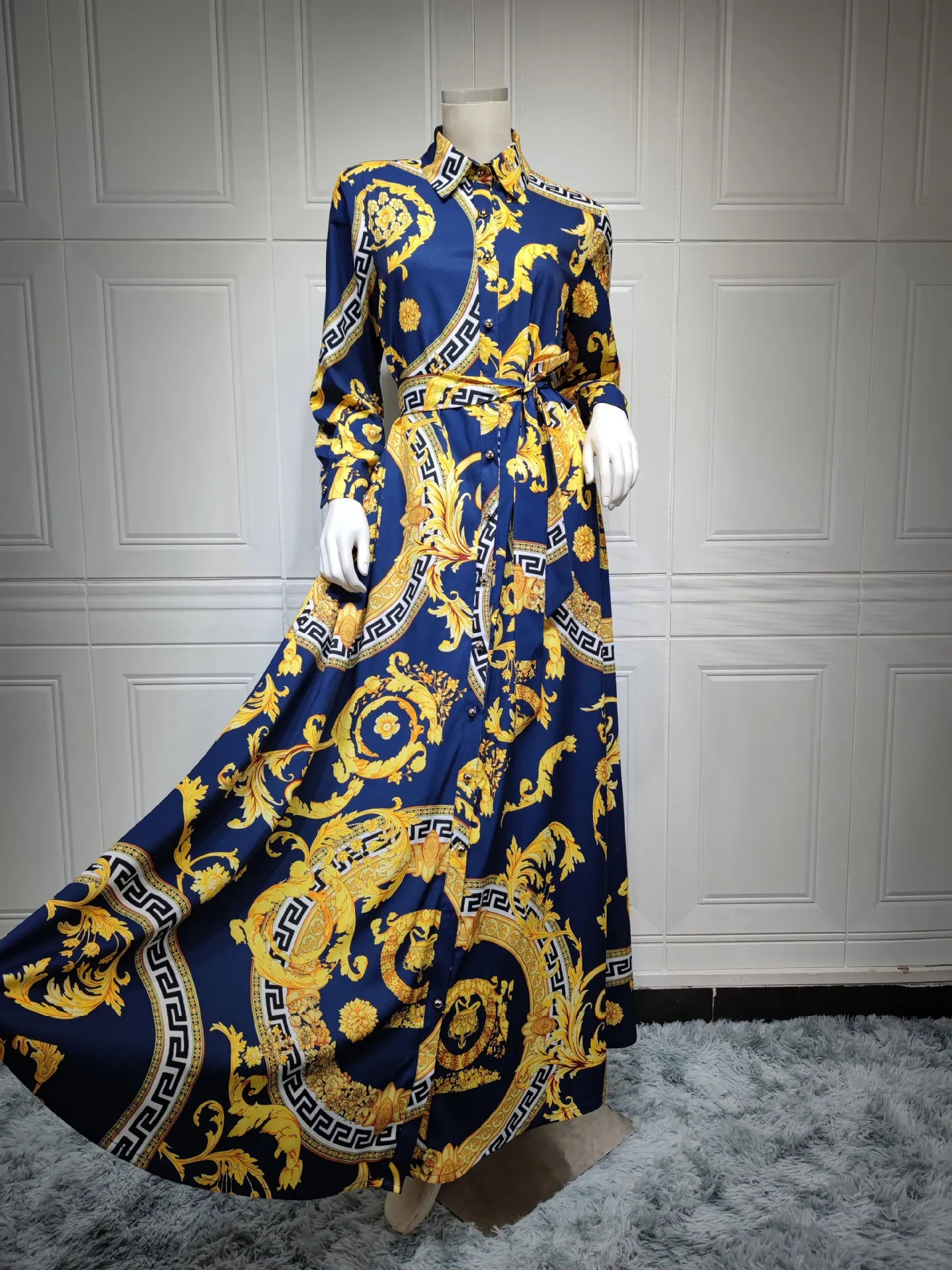 Hot Selling Printed Polyester Shirt Dress European American Middle East  Independent Station Turkish Abaya Muslim Women Dress