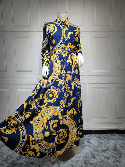 Hot Selling Printed Polyester Shirt Dress European American Middle East  Independent Station Turkish Abaya Muslim Women Dress
