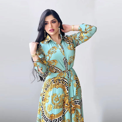 Hot Selling Printed Polyester Shirt Dress European American Middle East  Independent Station Turkish Abaya Muslim Women Dress