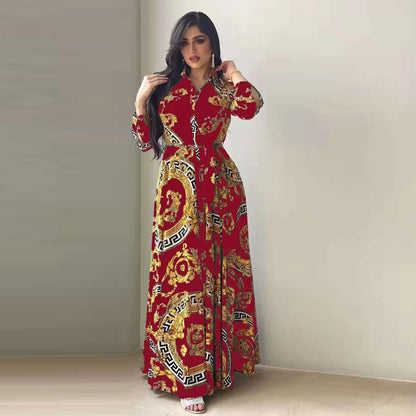 Hot Selling Printed Polyester Shirt Dress European American Middle East  Independent Station Turkish Abaya Muslim Women Dress