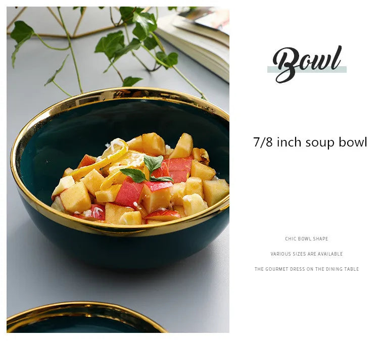 Assiette en céramique verte à bord doré, assiettes à Steak, bols, plat à dîner, ensemble de vaisselle luxueux en porcelaine pour hôtel familial