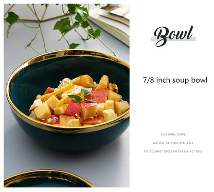 Assiette en céramique verte à bord doré, assiettes à Steak, bols, plat à dîner, ensemble de vaisselle luxueux en porcelaine pour hôtel familial