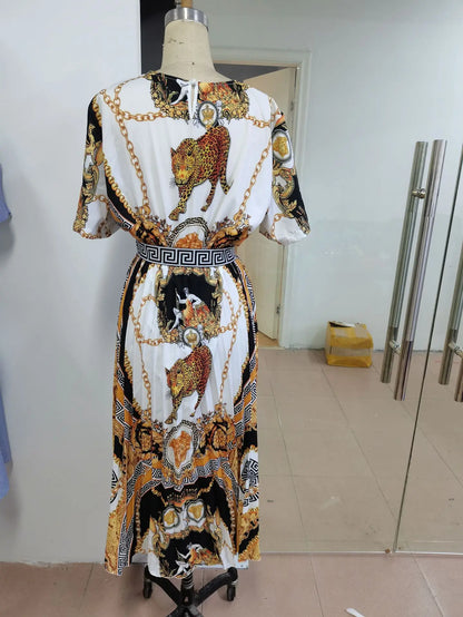 New Large Size Fashion High Waist Long Skirt Designer Quality Product Printing Temperament Pleated Women's Dress