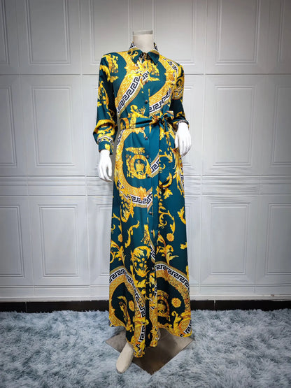 Hot Selling Printed Polyester Shirt Dress European American Middle East  Independent Station Turkish Abaya Muslim Women Dress