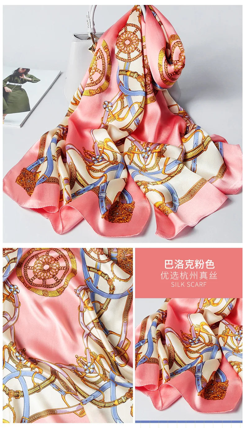 100% foulard en soie pour femmes longue impression luxe châles en soie naturelle enveloppes bleu Floral été dames foulard pur véritable foulards en soie