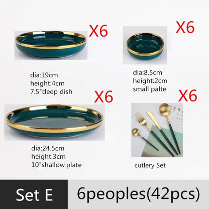 Assiette en céramique verte à bord doré, assiettes à Steak, bols, plat à dîner, ensemble de vaisselle luxueux en porcelaine pour hôtel familial