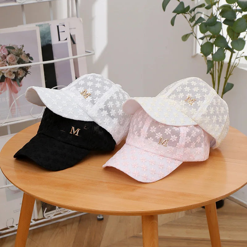 Women Lace Small Flower Baseball Caps Adjustable Hollow Lace Hat Summer Visor Cap Letter Customization