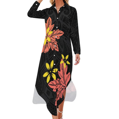 Personality Lime Green Polynesian Print Maxi Dress Elegant Women Shirt Dresses Custom Clothing Plus Size Dress Skirts