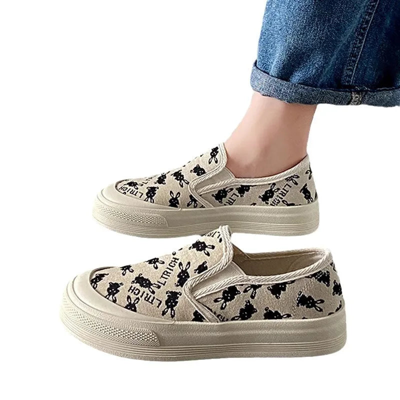 Women's Summer Casual Canvas Shoes One Foot Flat with Breathable Lazy Thick Soled Board Chunky Shallow Mouth Design
