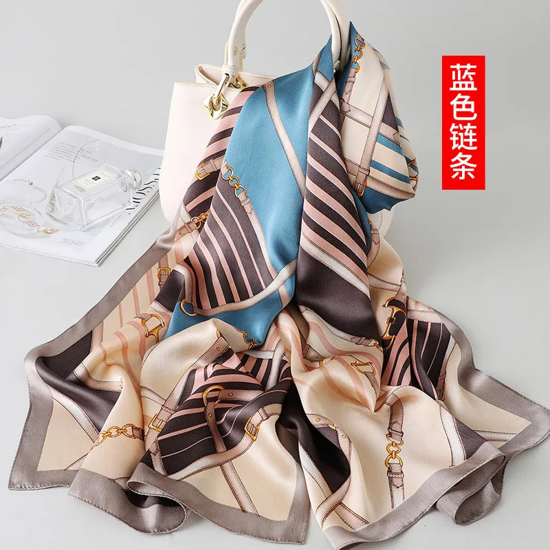 100% foulard en soie pour femmes longue impression luxe châles en soie naturelle enveloppes bleu Floral été dames foulard pur véritable foulards en soie