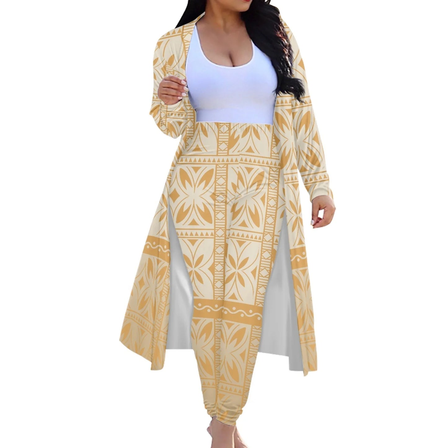 Slim Fit Coat Pant Lady's Suit Custom Cardigan and Long Pants 2 Piece Set Polynesian Hawaii Tribal Tattoo Tropical Flowers Print