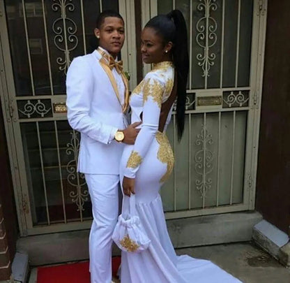 Tuxedos de Mariage pour marié blanc, costumes pour hommes, tenues avec revers doré, Blazer deux pièces pour garçons d'honneur, coupe cintrée