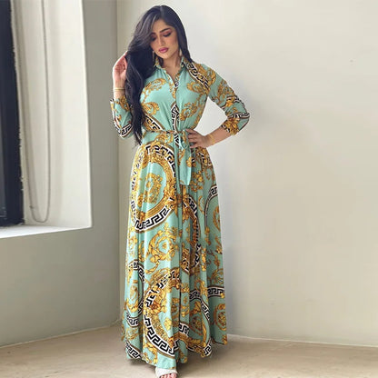 Hot Selling Printed Polyester Shirt Dress European American Middle East  Independent Station Turkish Abaya Muslim Women Dress