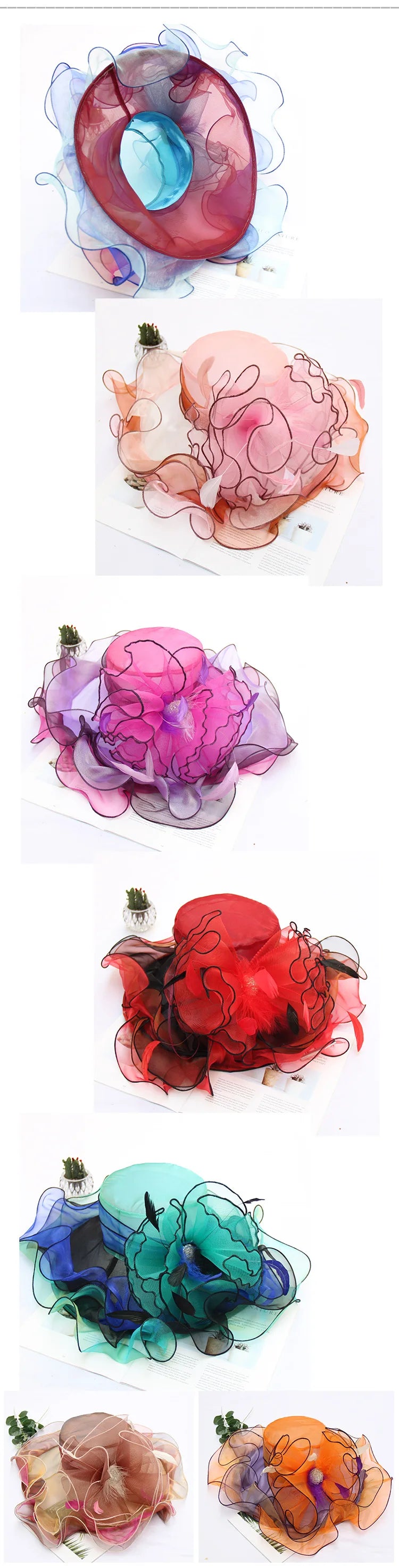 FS Organza Kentucky Derby Fascinators chapeau pour femmes dames à large bord chapeaux de soleil fleurs élégant mariage mariée église fête Fedoras