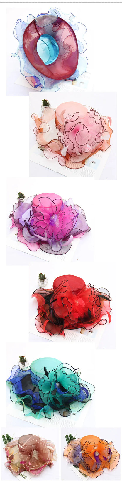 FS Organza Kentucky Derby Fascinators chapeau pour femmes dames à large bord chapeaux de soleil fleurs élégant mariage mariée église fête Fedoras