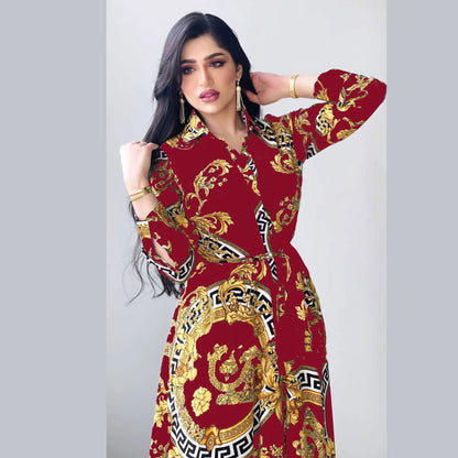 Hot Selling Printed Polyester Shirt Dress European American Middle East  Independent Station Turkish Abaya Muslim Women Dress