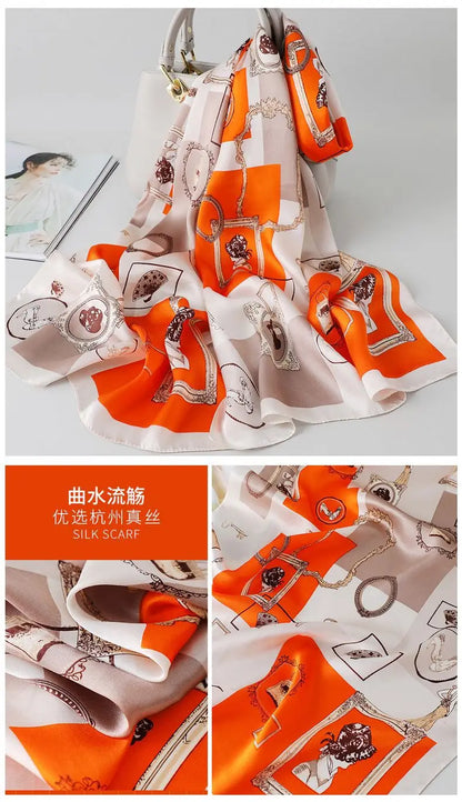 100% foulard en soie pour femmes longue impression luxe châles en soie naturelle enveloppes bleu Floral été dames foulard pur véritable foulards en soie