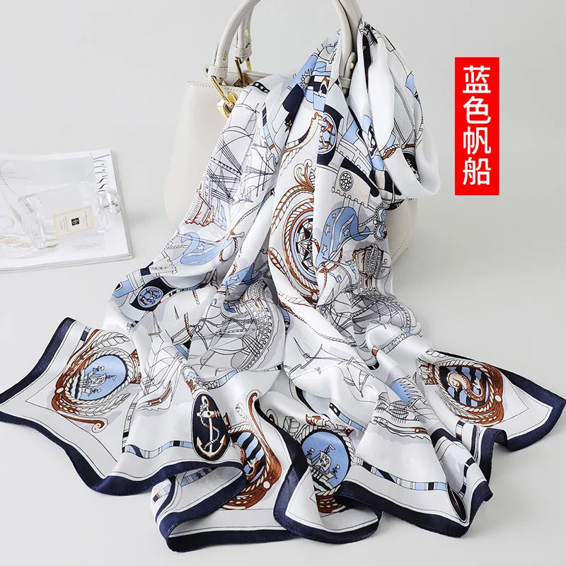 100% foulard en soie pour femmes longue impression luxe châles en soie naturelle enveloppes bleu Floral été dames foulard pur véritable foulards en soie