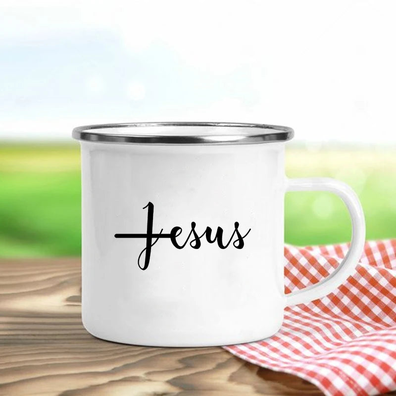 Jésus est Dieu imprimer tasses en émail chrétien créatif tasses à café boisson Dessert petit déjeuner lait tasse Vintage tasse poignée Drinkware cadeau