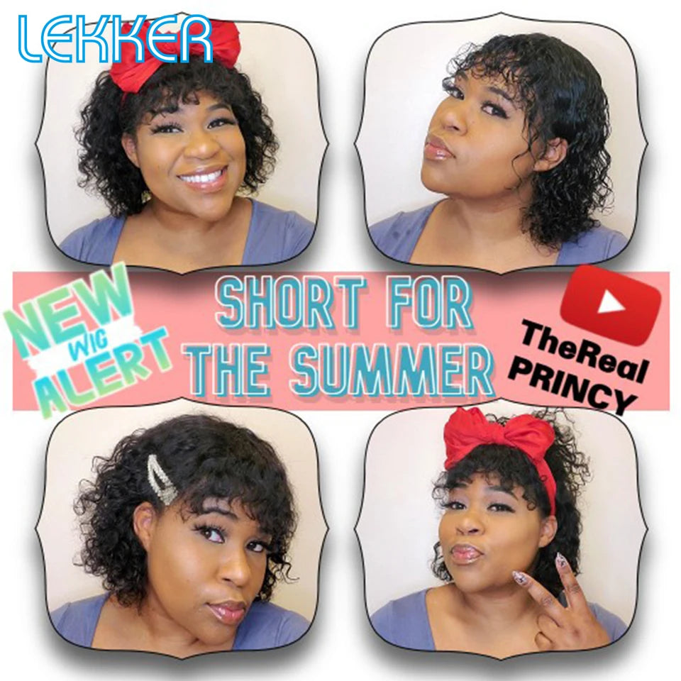 Lekker couleur courte Pixie Afro crépus bouclés Bob 100% perruques de cheveux humains avec frange pour les femmes brésilien Remy cheveux Ombre brun perruques