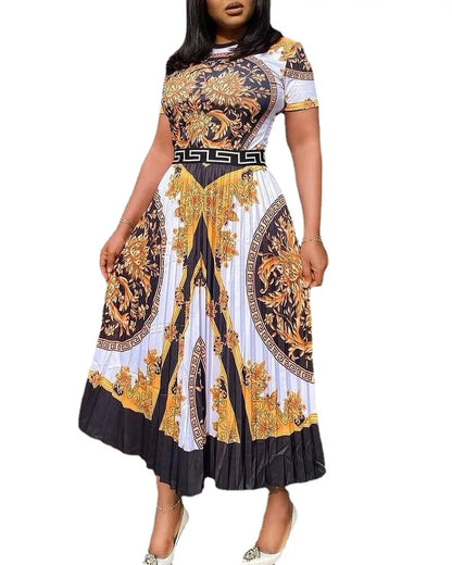 New Large Size Fashion High Waist Long Skirt Designer Quality Product Printing Temperament Pleated Women's Dress