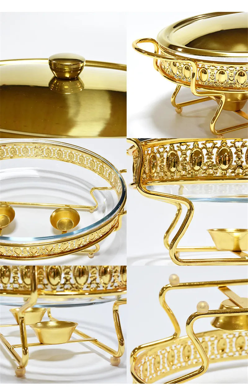 Plat de service en verre en acier inoxydable, petit réchaud, chauffe-plats, Buffet de luxe, ovale doré, hôtel, bol à friction de mariage