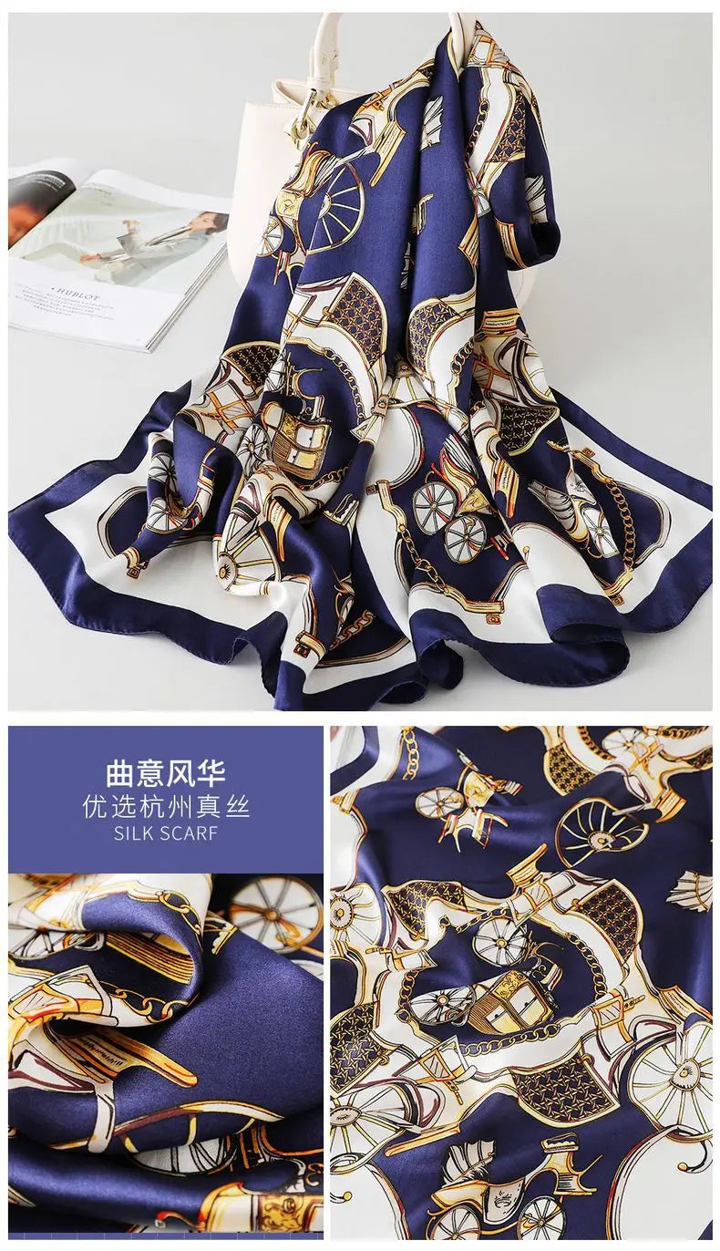 100% foulard en soie pour femmes longue impression luxe châles en soie naturelle enveloppes bleu Floral été dames foulard pur véritable foulards en soie