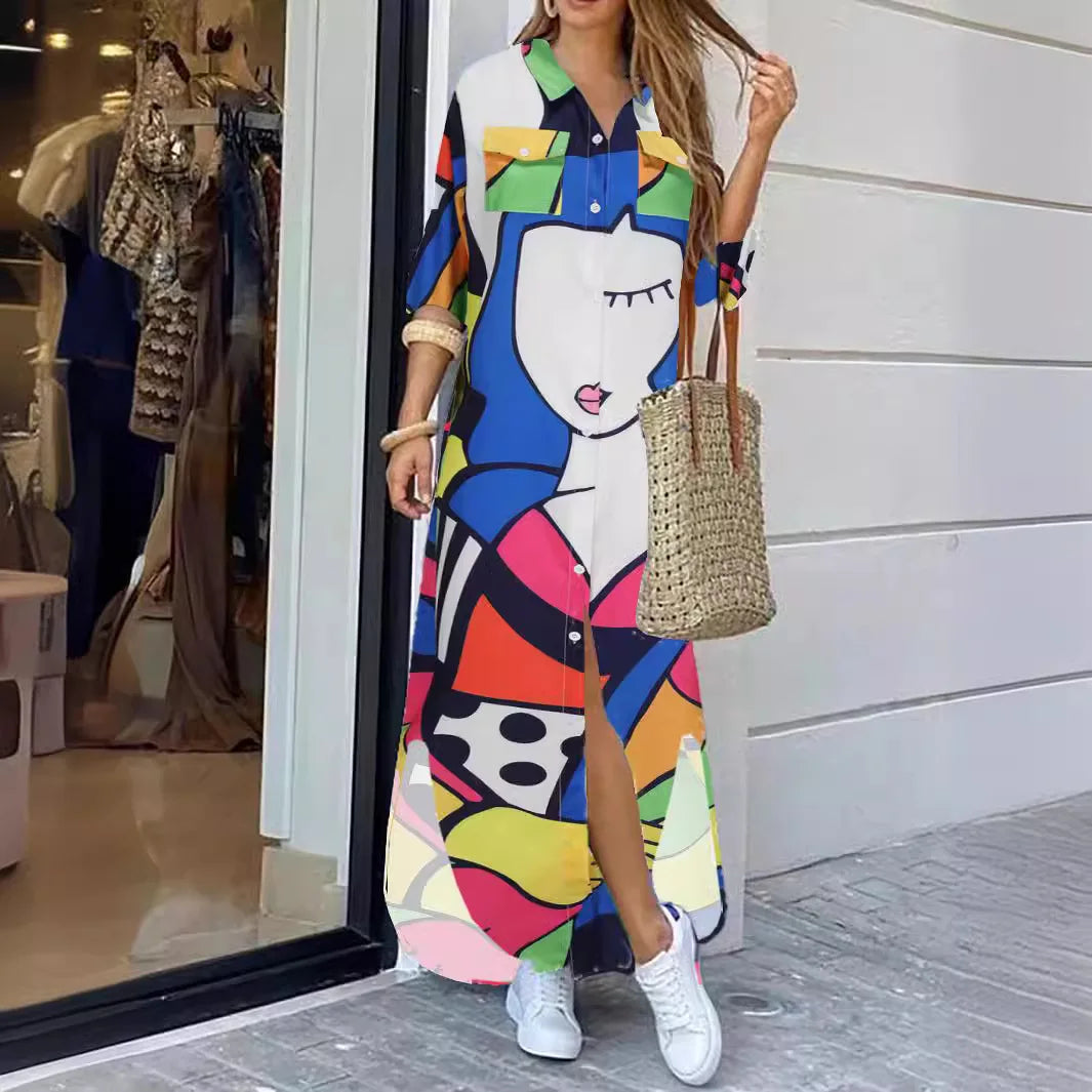 Women's Casual Long Floor-Length Dress New Fashion Elegant Loose Printed Shirt Dress with Solid Pattern