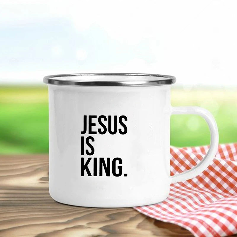 Jésus est Dieu imprimer tasses en émail chrétien créatif tasses à café boisson Dessert petit déjeuner lait tasse Vintage tasse poignée Drinkware cadeau